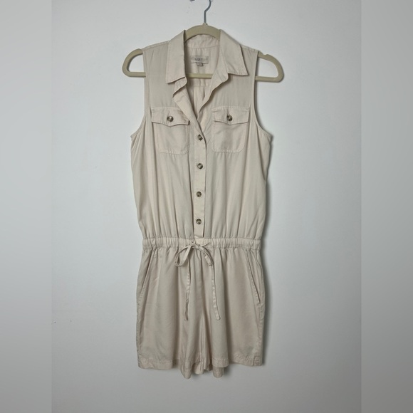 LOFT Beige Safari Button Front Sleeveless Elastic Waist Pockets Jumper Romper XS - Picture 2 of 11